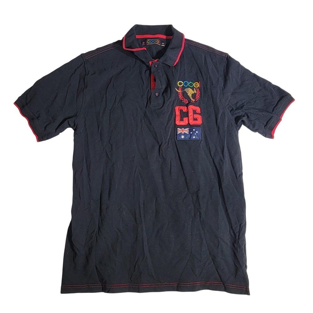Coogi Australia Mens 2XL Black Polo Shirt Embroidered Kangaroo Flag Patch Red